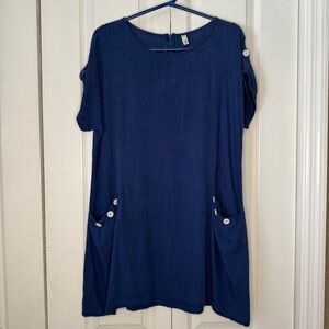 Yidarton Casual Blue Short Sleeve Dress with Pockets linen blend XL